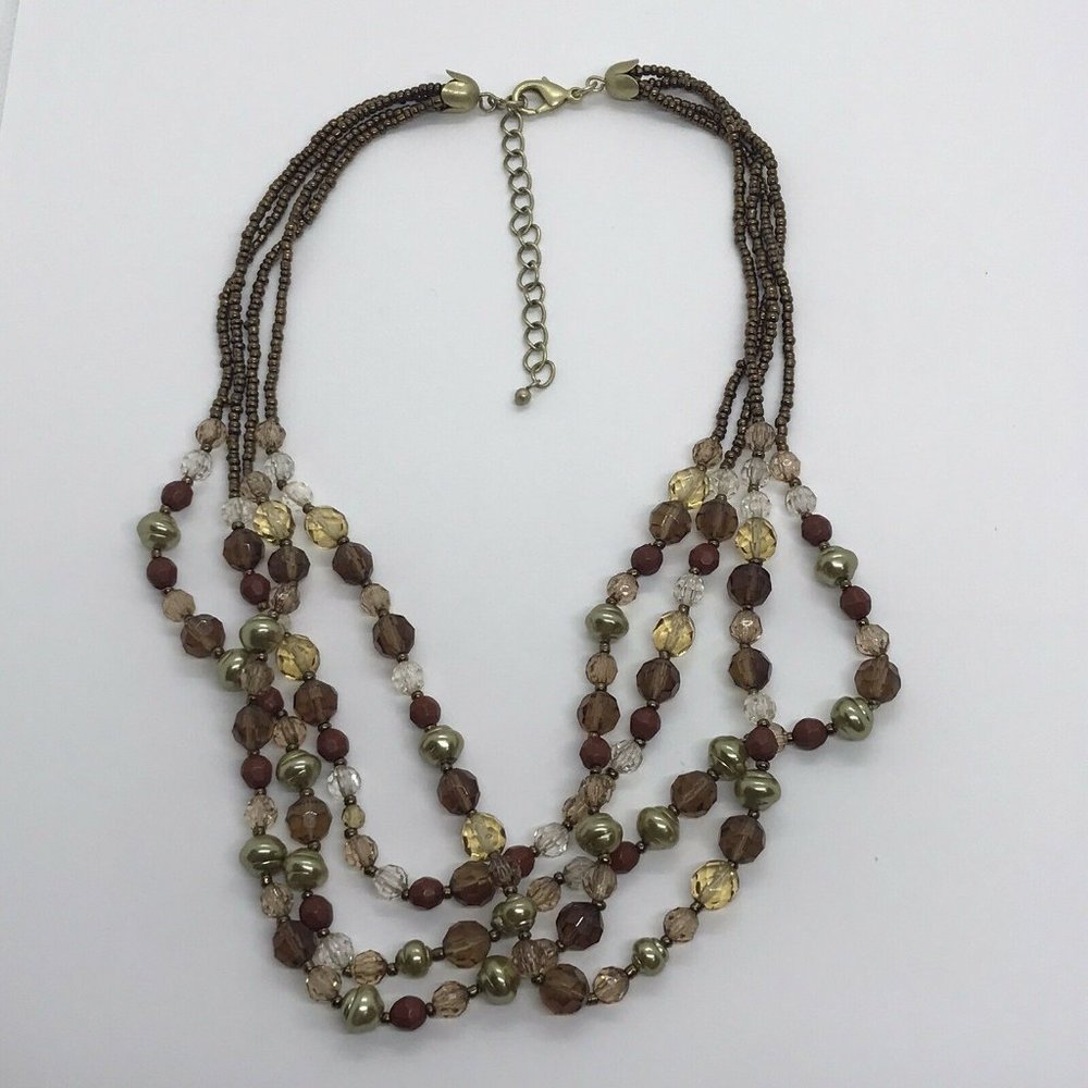 Brown tone seed beads glass and faux pearl multi strand necklace